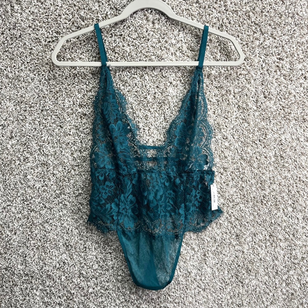Adore Me Teal Floral Lace Sheer Eyelash Trim Teddy Bodysuit Medium NEW